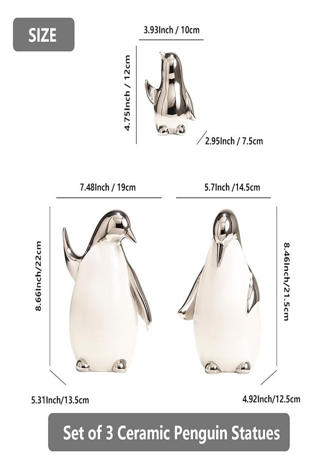 Tuioyoc Set of 3 Ceramic Statues Aesthetic Abstract Penguins Sculpture Cute Modern Home Decor Decorative Statue for Living Room, Bedroom, Office, Table Centerpiece (White Silver) - Image 2